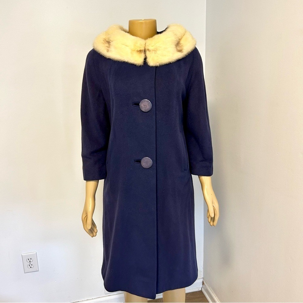 Vintage Hombergers Atlantic City‎ Navy Blue 100% Cashmere Mink Fur Collar Coat - Picture 5 of 9